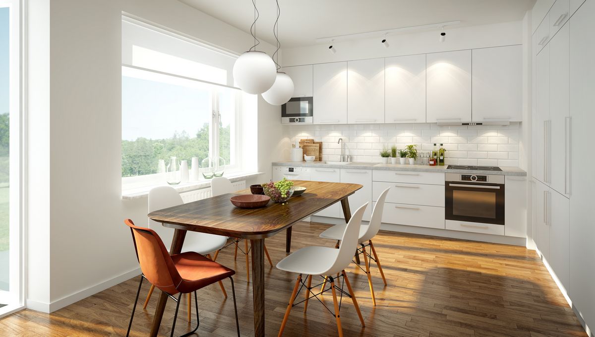 Modern kitchen with a fix panoramic window
